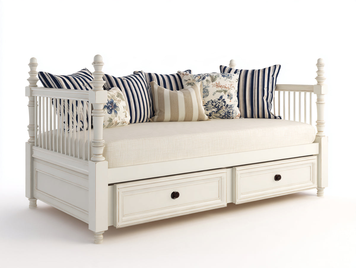 Canapé lit - Bois-textile - 201 x 91 x 97 cm - Blanc cassé-Crème - Style traditionnel avec rangement