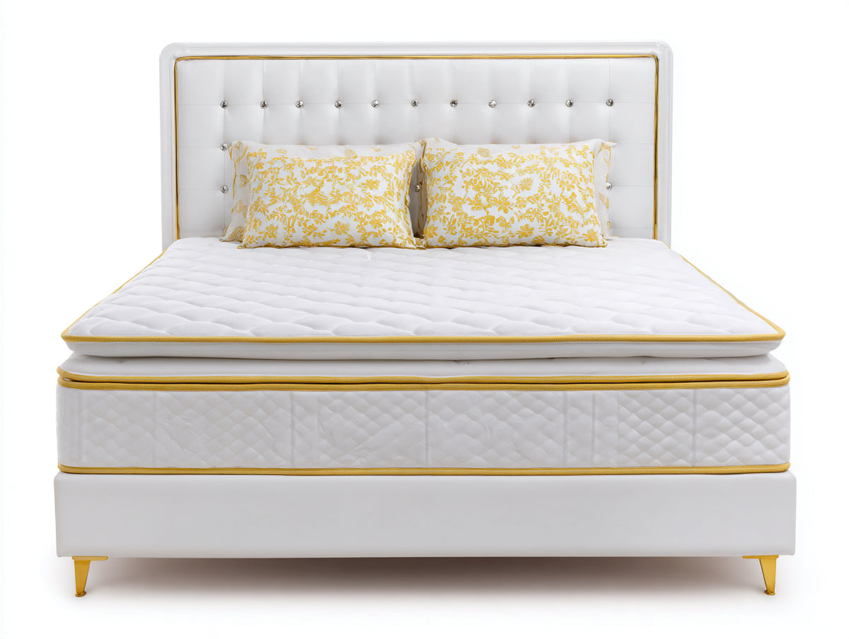 Lit double - similicuir-métal - 215 x 180 x 140 cm - blanc-or - style élégant capitonné
