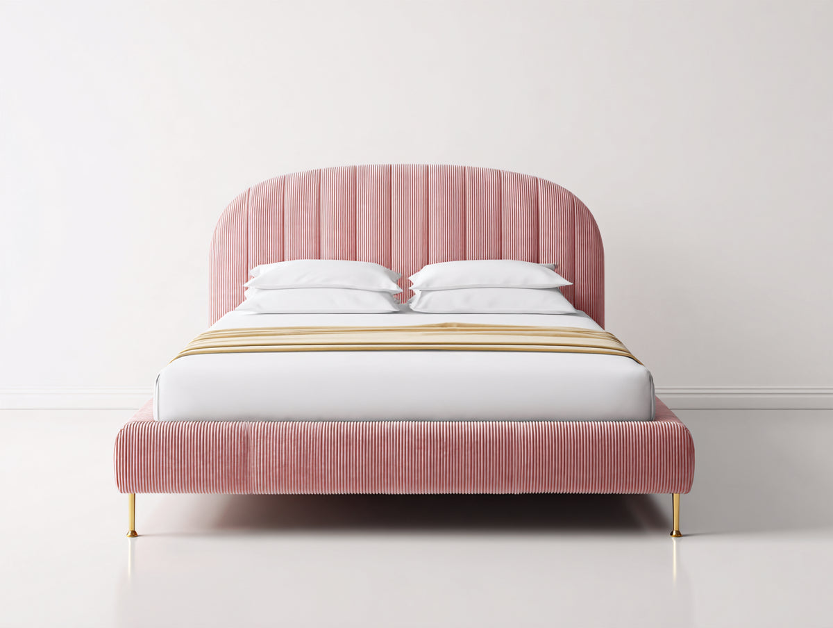 Lit double - textile-métal - 215 x 180 x 125 cm - rose corail-or - style moderne à tête de lit cannelée arrondie