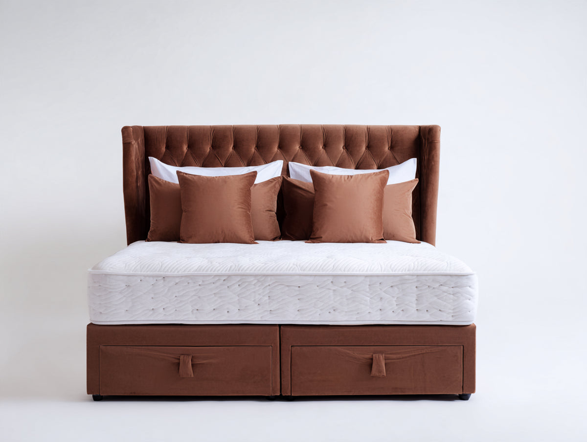 Lit double - velours-bois - 210 x 180 x 135 cm - brun - style classique capitonné avec rangement