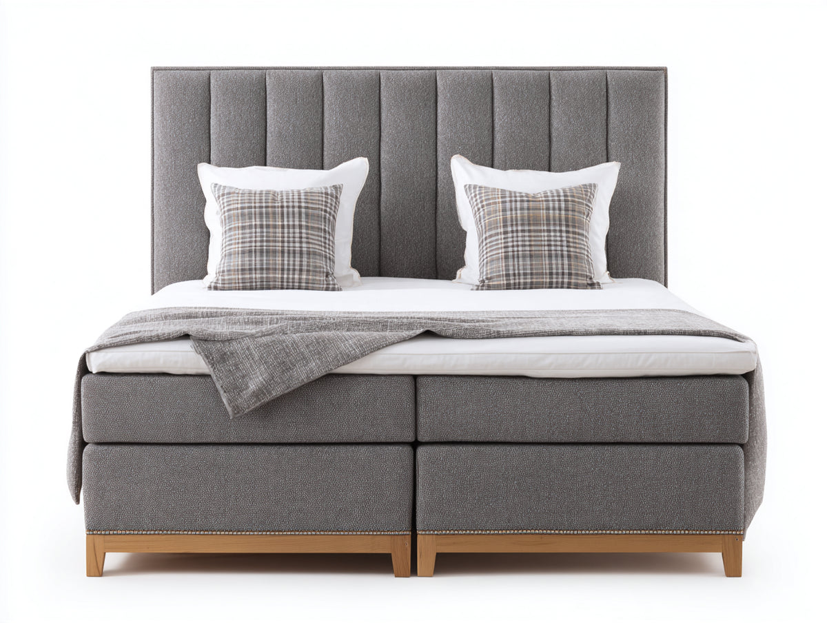 Lit double - textile-bois - 210 x 180 x 135 cm - gris taupe-bois naturel - style contemporain à tête de lit verticale