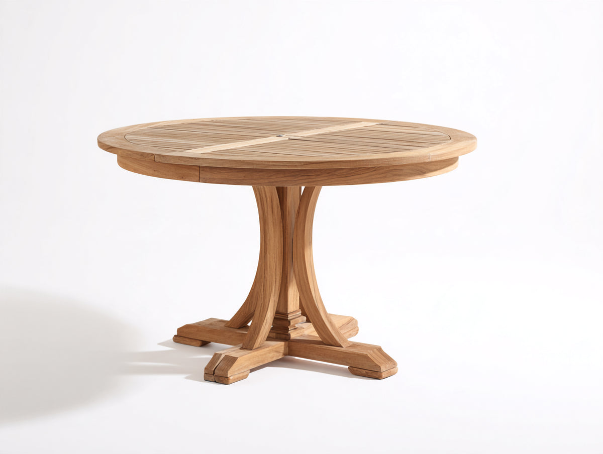 Table de jardin - bois massif - 120x120x75 cm - marron clair - style classique à piètement décoratif