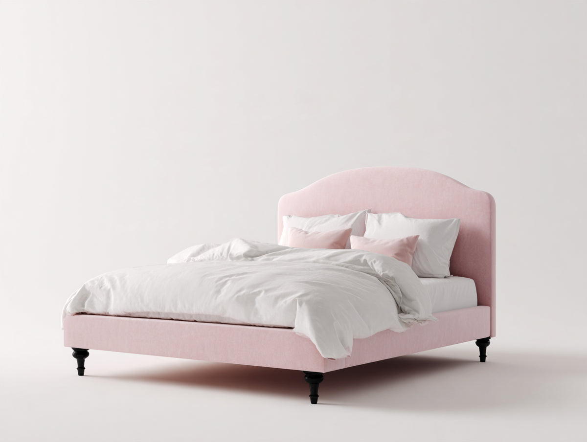 Lit double - textile-bois - 210 x 170 x 125 cm - rose poudré - style classique à tête de lit galbée