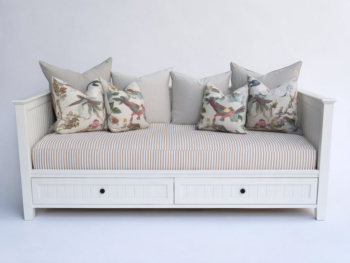 Canapé lit - Bois-textile - 198 x 90 x 88 cm - Blanc-Beige clair - Style campagne avec rangement