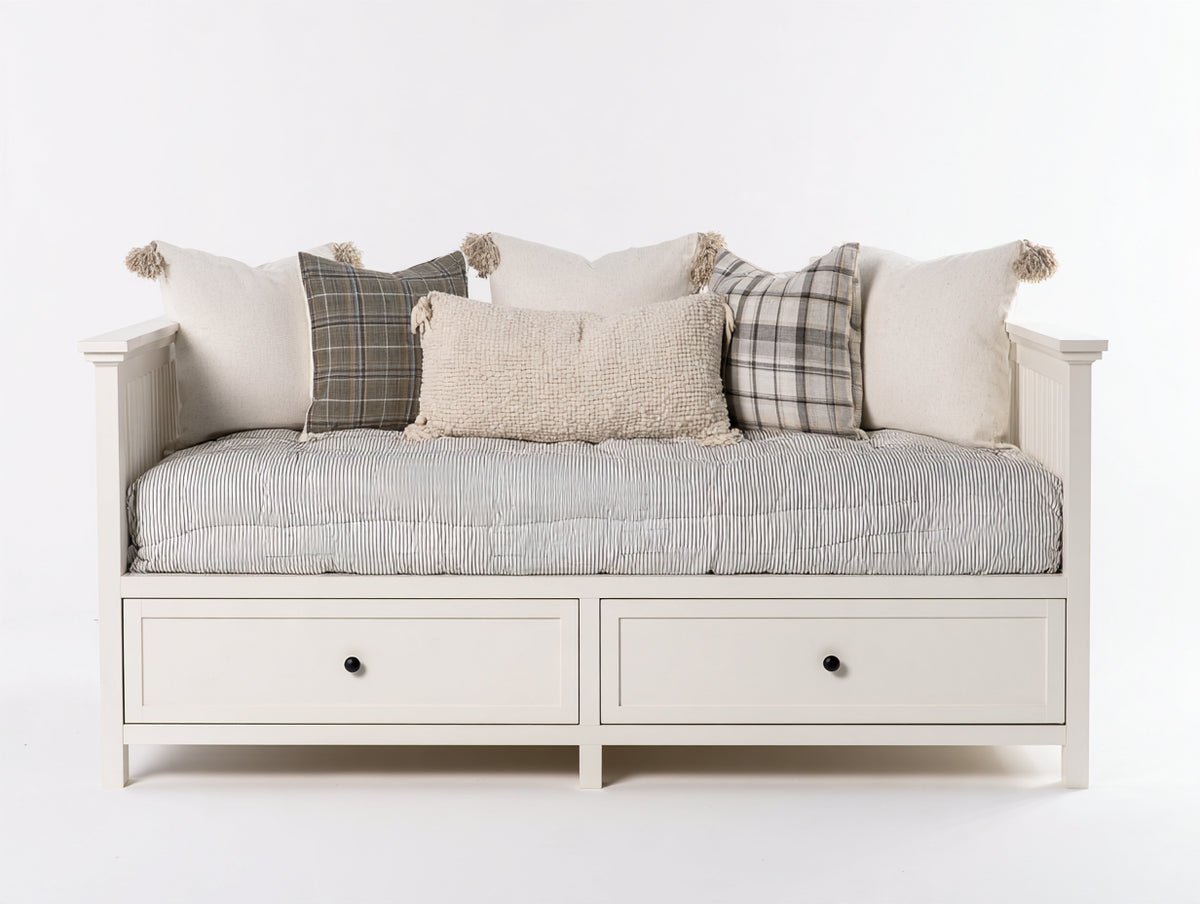 Canapé lit - Bois-textile - 195 x 85 x 80 cm - Blanc cassé-Gris clair - Style campagne avec rangement