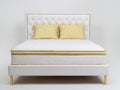 Lit double - similicuir-métal - 215 x 180 x 145 cm - blanc-or - style classique capitonné à clous décoratifs