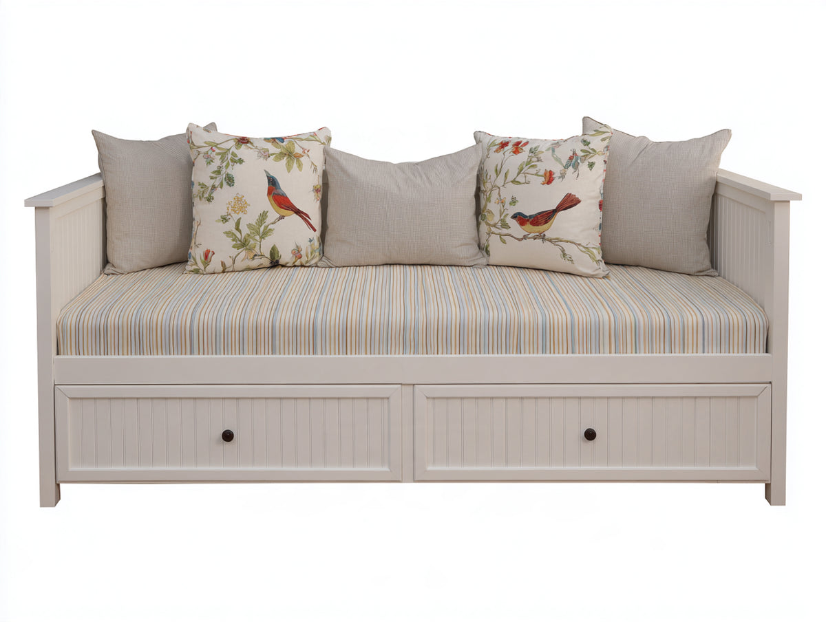 Canapé lit - Bois-textile - 200 x 90 x 87 cm - Blanc-Beige clair - Style campagne avec rangement