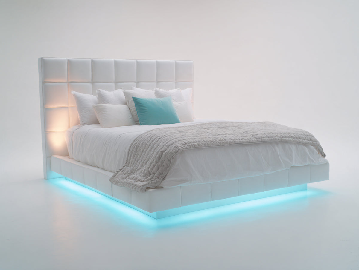Lit double - similicuir-métal - 220 x 180 x 140 cm - blanc - style moderne avec éclairage intégré