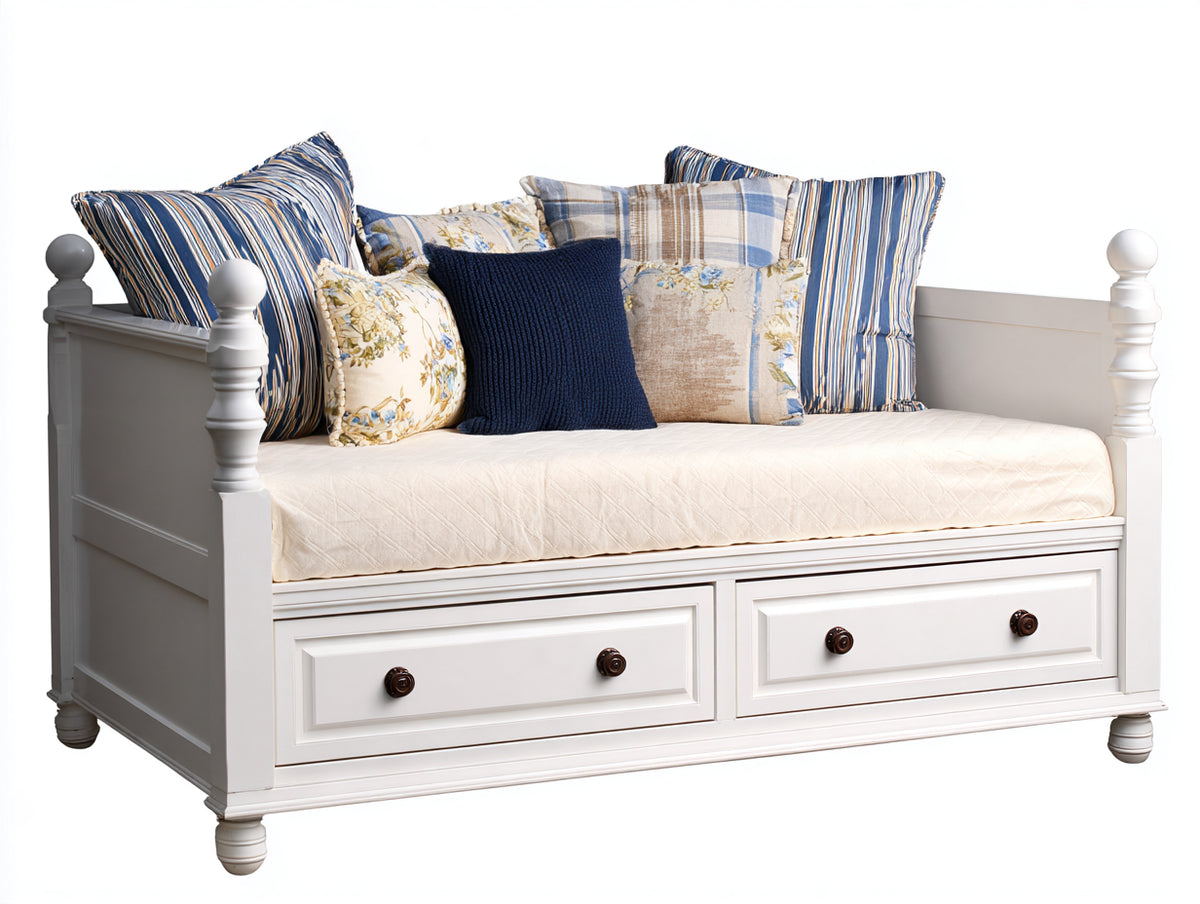 Canapé lit - Bois-textile - 198 x 90 x 93 cm - Blanc-Crème - Style traditionnel avec rangement